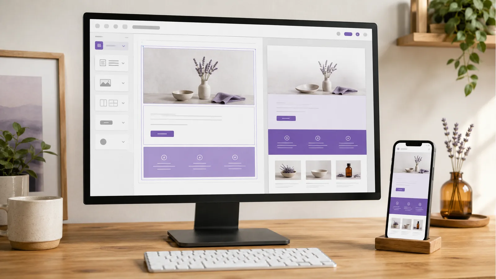 Block-based website editor with desktop and mobile page previews