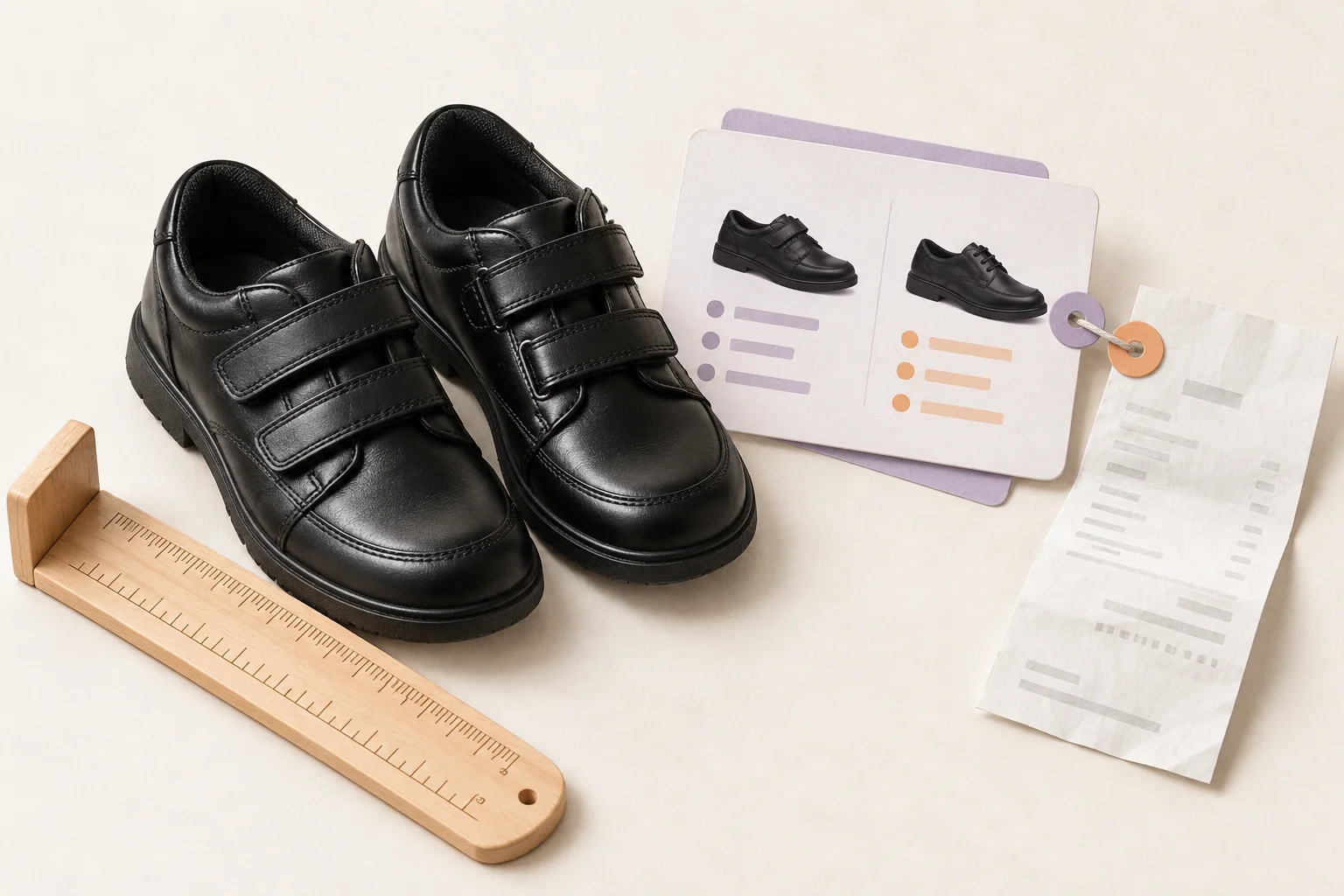 School shoes, a measuring ruler and comparison notes for an affiliate buying guide