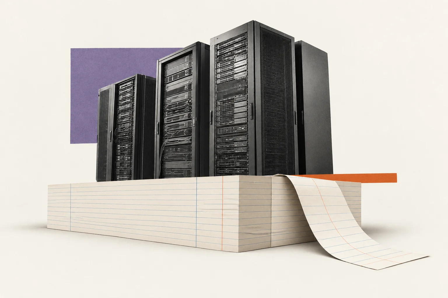 Editorial collage of server cabinets on a ledger to represent AI infrastructure spending