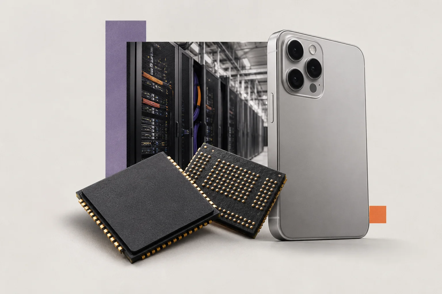 A smartphone, memory components and a server cabinet in a supply-chain collage