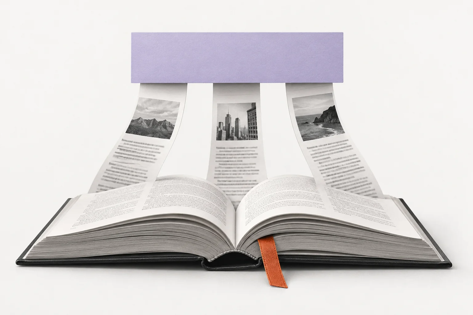 Editorial collage of an open book and source pages feeding into one answer card