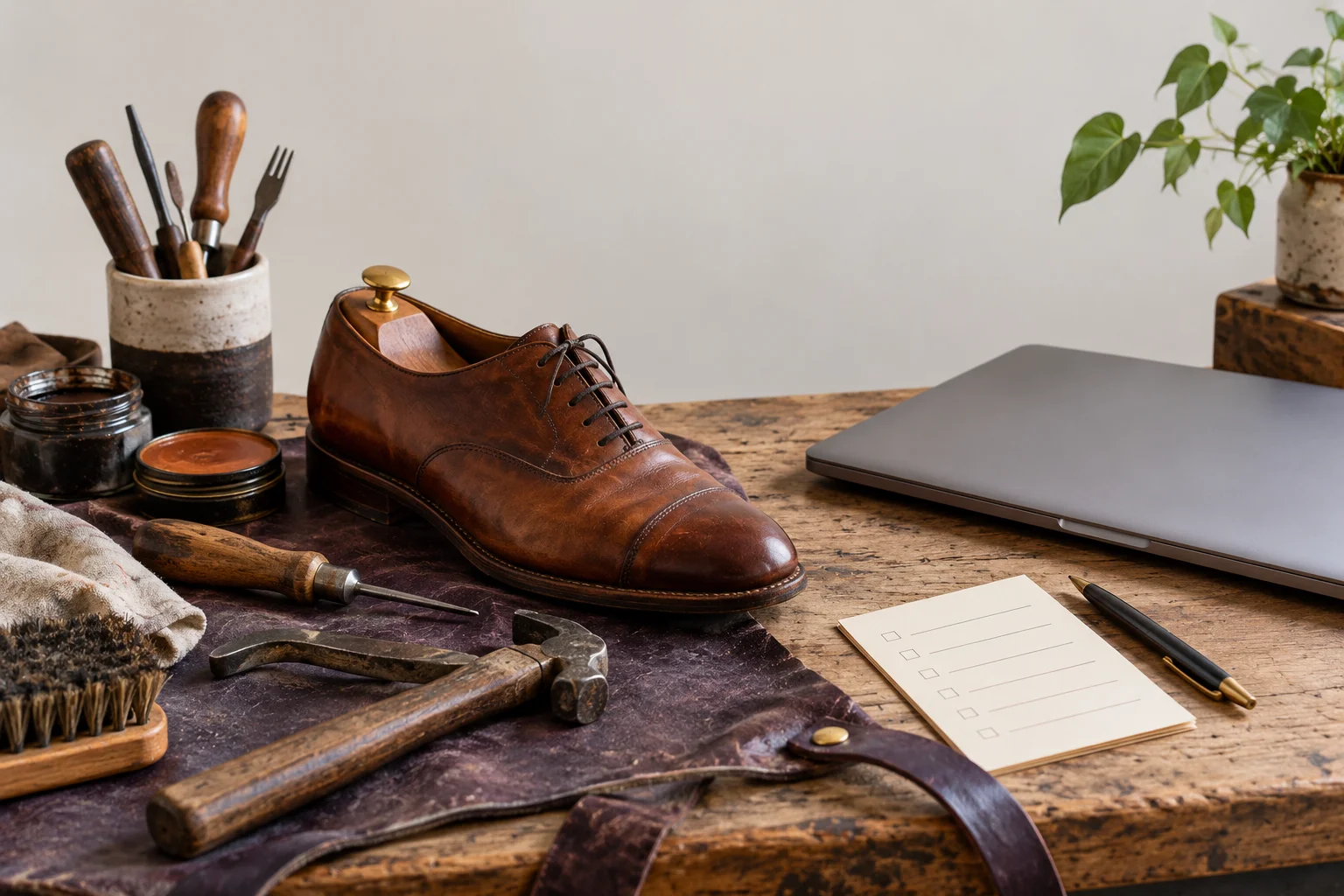 A laptop beside a shoe-repair workbench, connecting digital production with a real service