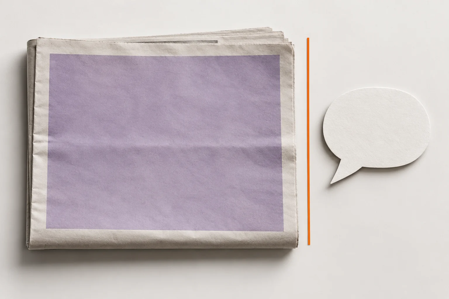 A newspaper panel separated from a speech bubble by an orange line