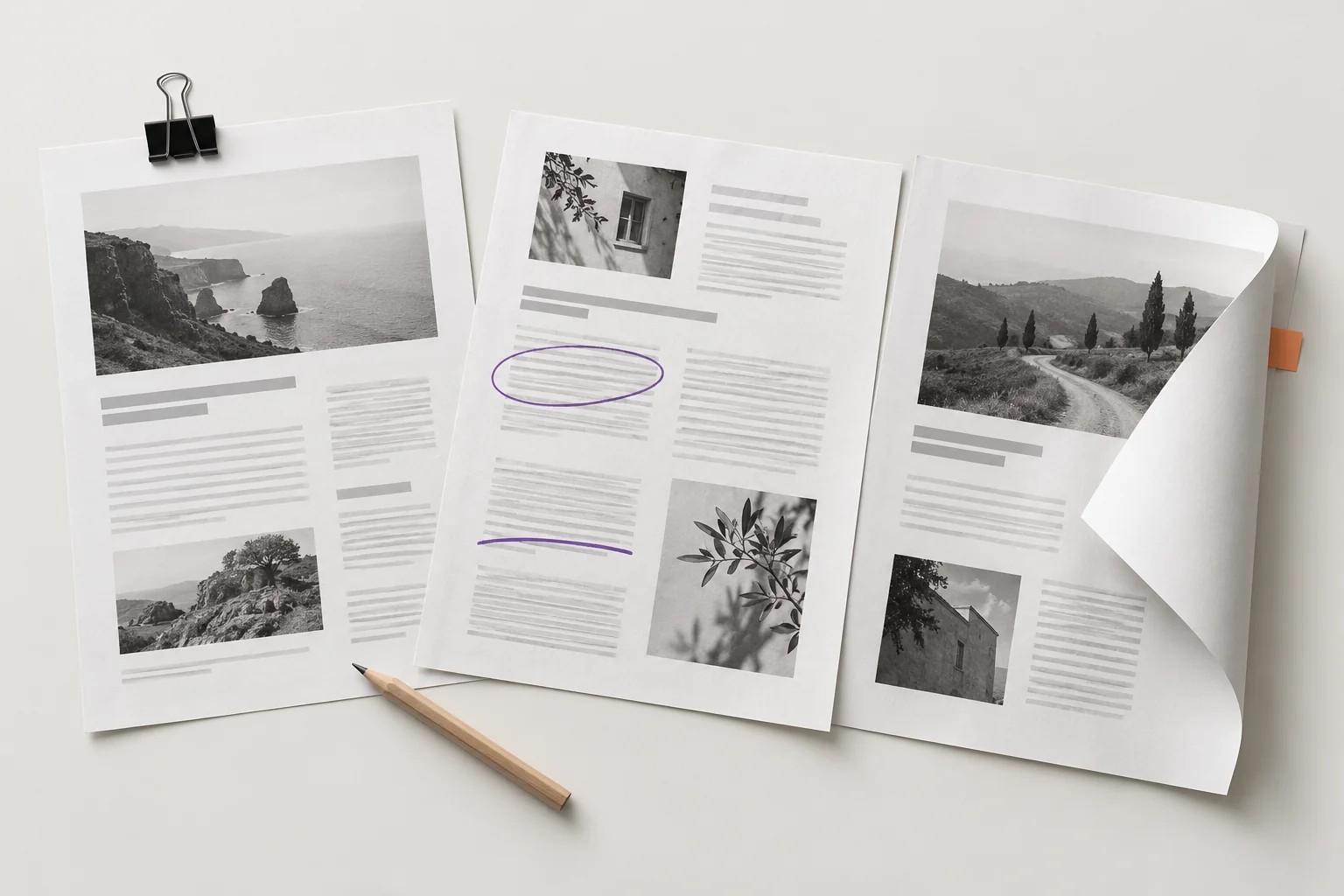 Three article layouts with editing marks, a binder clip and a pencil