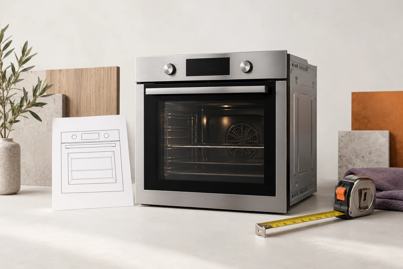 An oven, measuring tape and specification sheet illustrating clear installation information