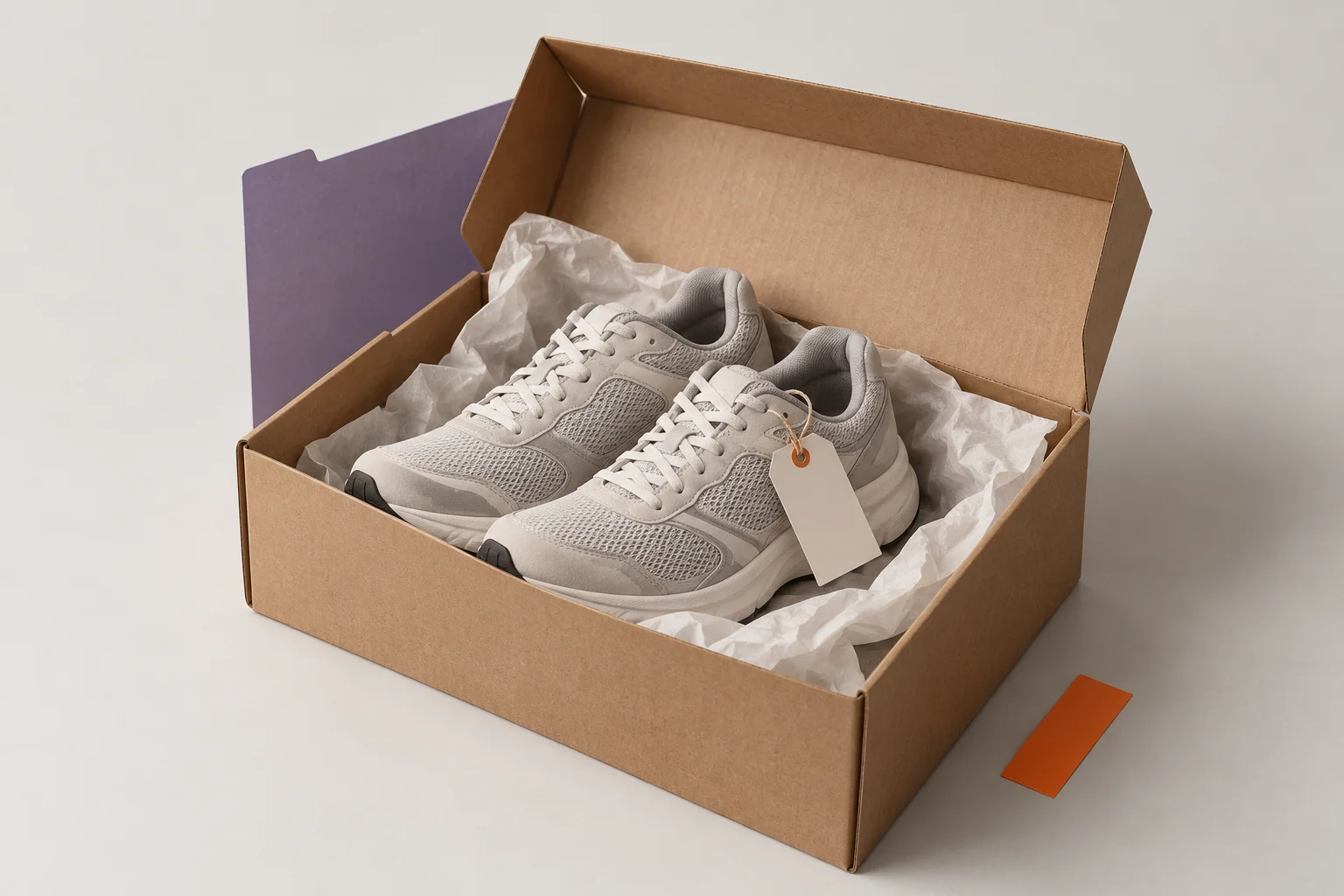 Shoes and shipping boxes arranged as an online-store collage