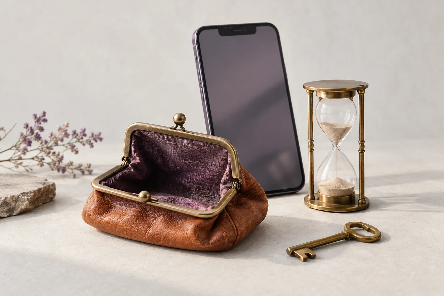 A phone, purse and hourglass illustrating the exchanges behind free products