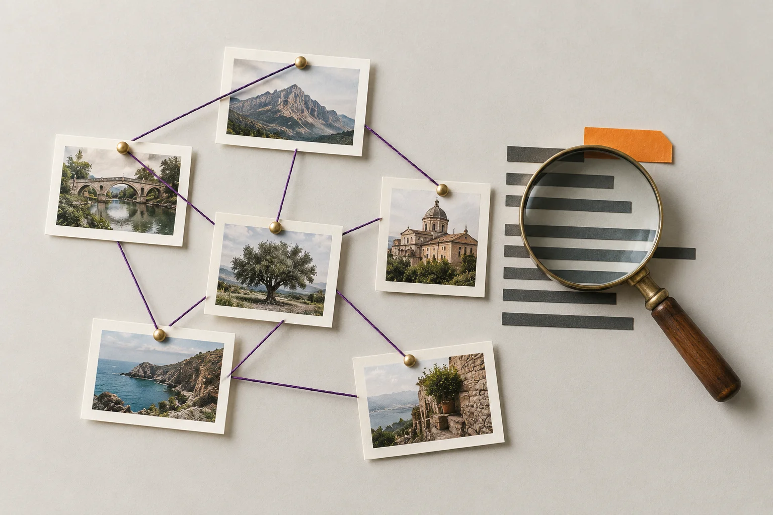 Connected photographic cards and a magnifier illustrating links and information retrieval