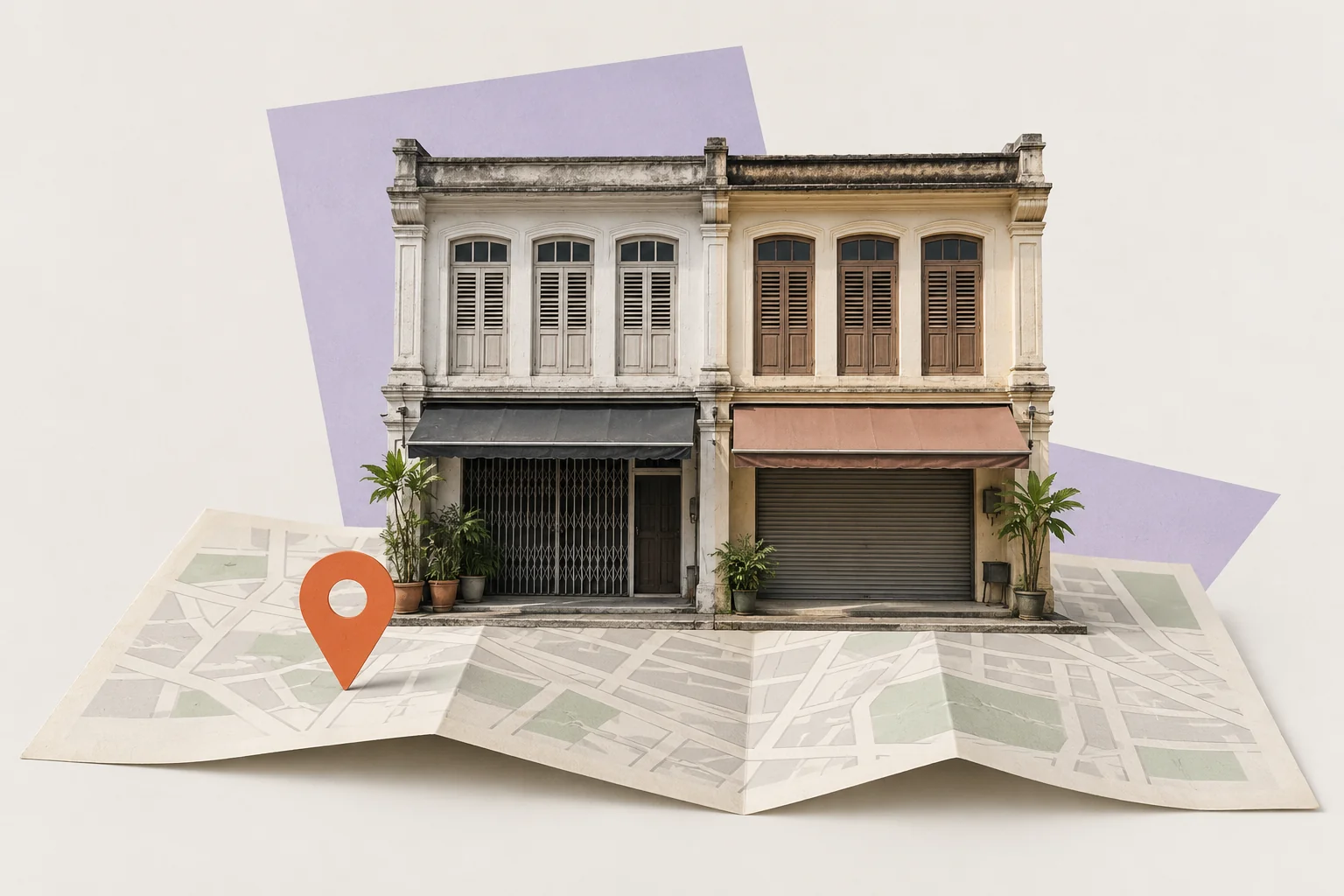 Editorial collage of Malaysian shophouses, a street map and a location pin