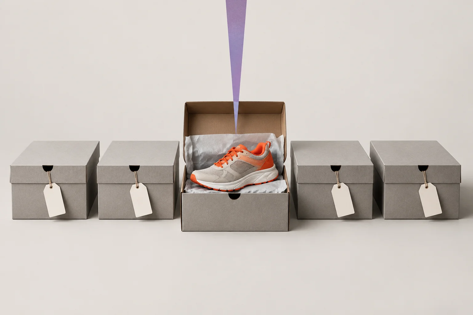 A selected orange shoe among several product boxes