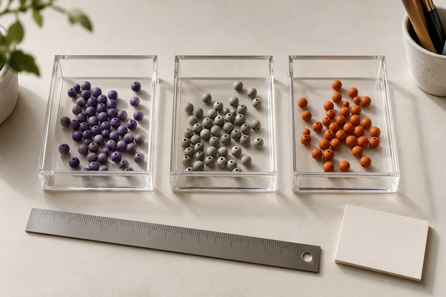 Three separate trays of counters and a ruler illustrating distinct measurements