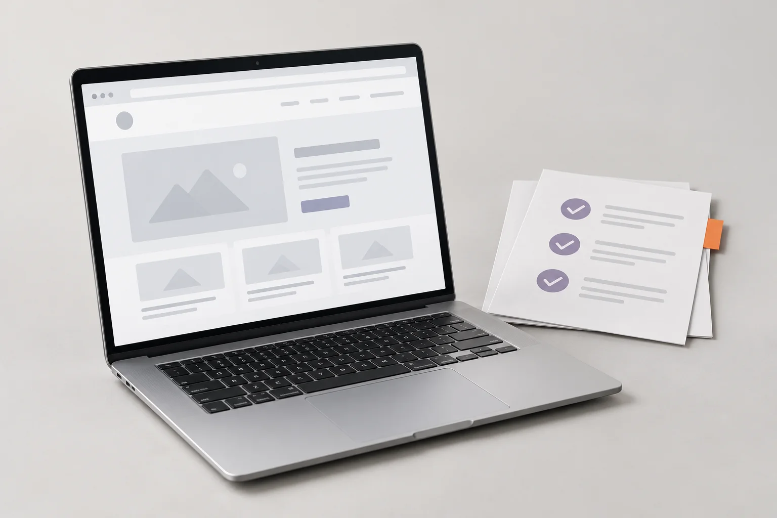 Laptop and printed checklists arranged for a website audit