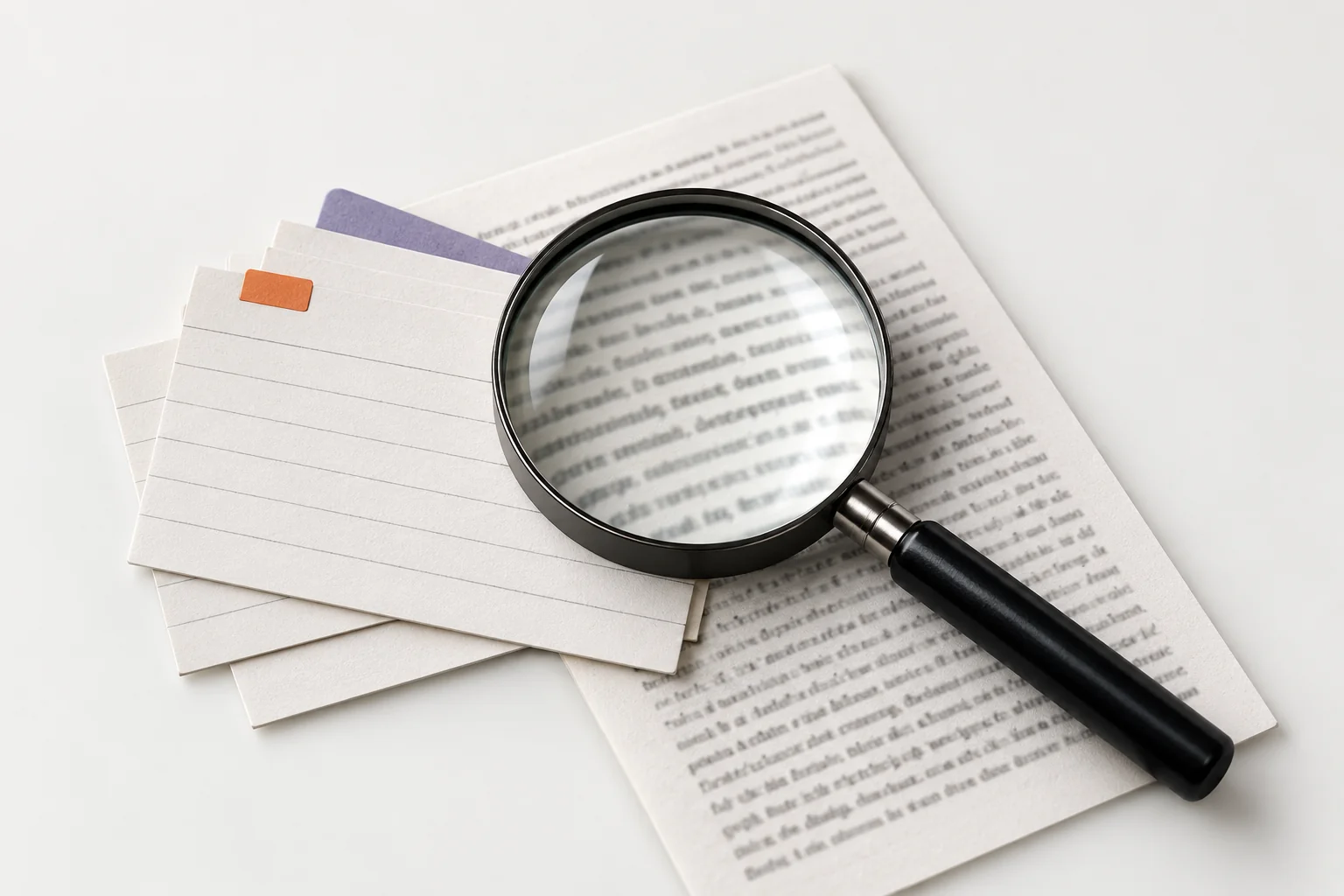 Magnifying glass over index cards and a printed page