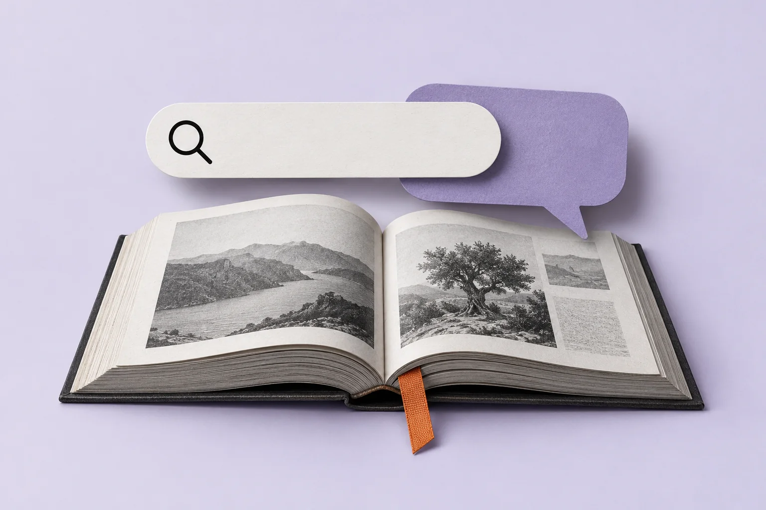 An open book with a search symbol and an answer bubble