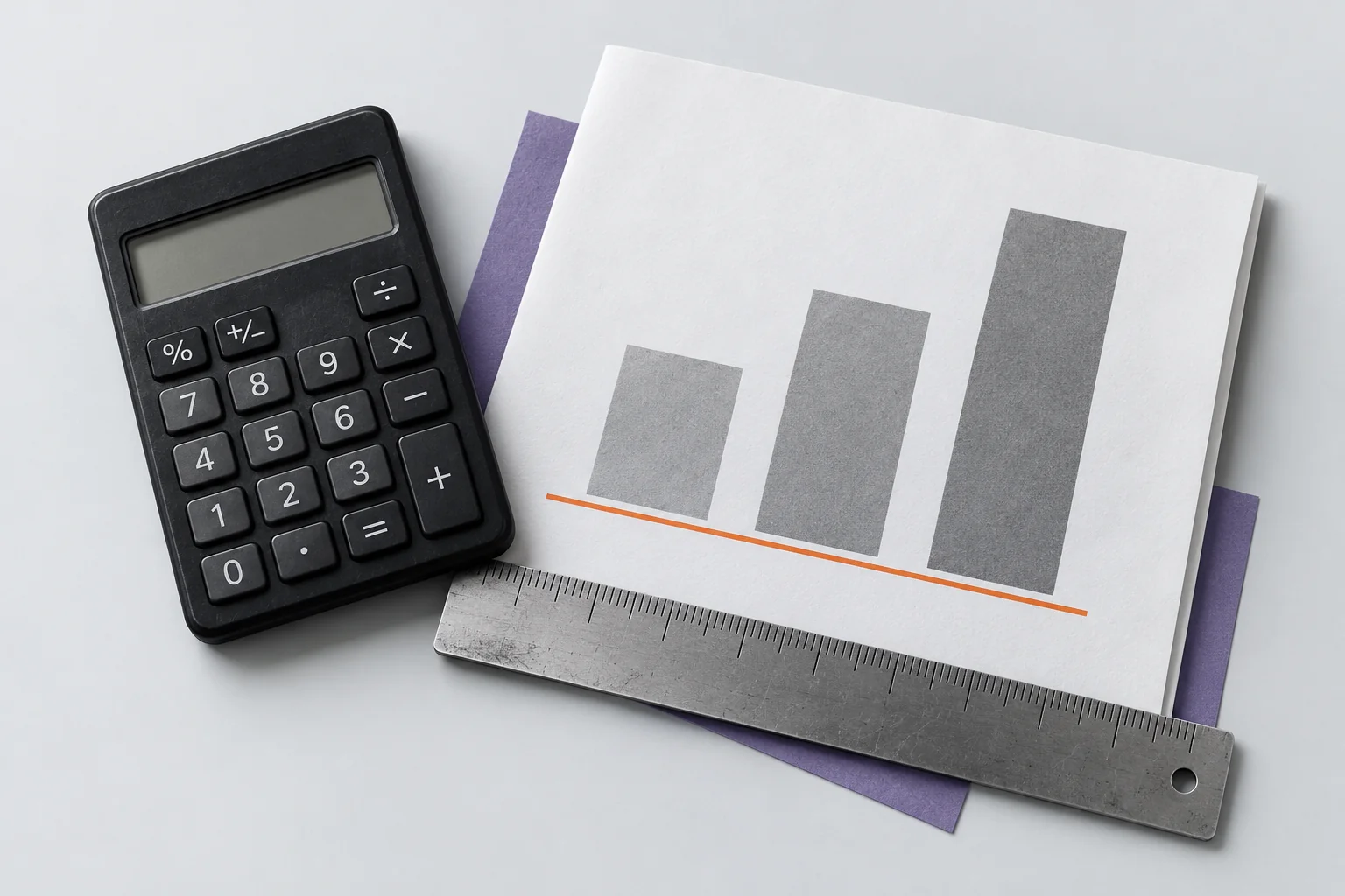 A calculator, ruler and an illustrative bar chart for SEO measurement