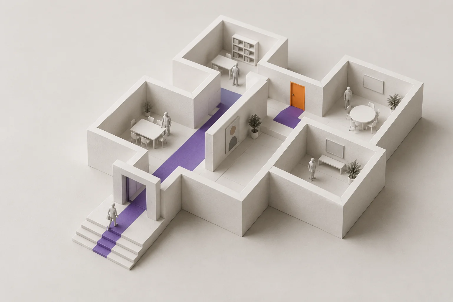 A paper building model with a violet path connecting rooms