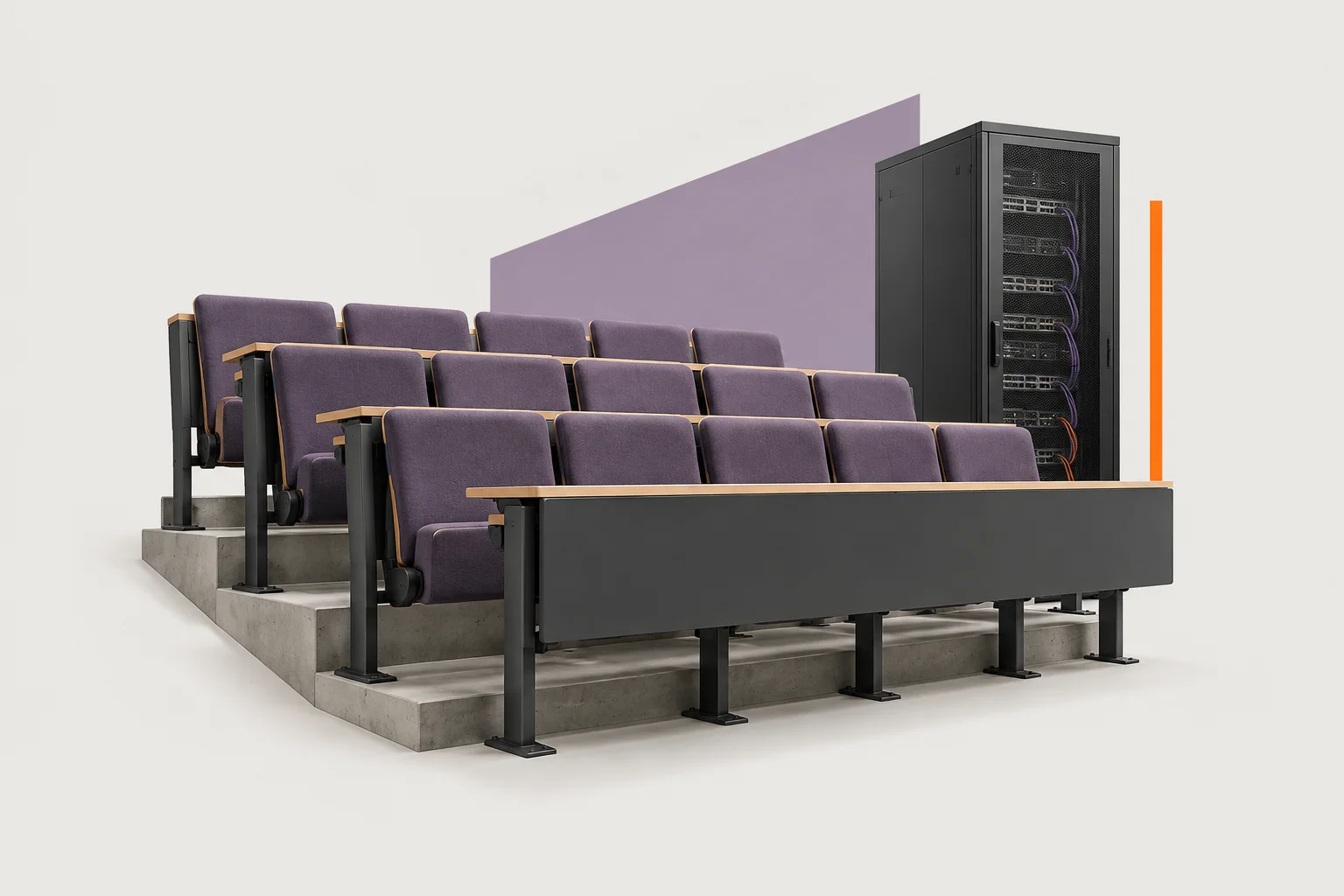 Lecture seats and a server cabinet in an editorial collage
