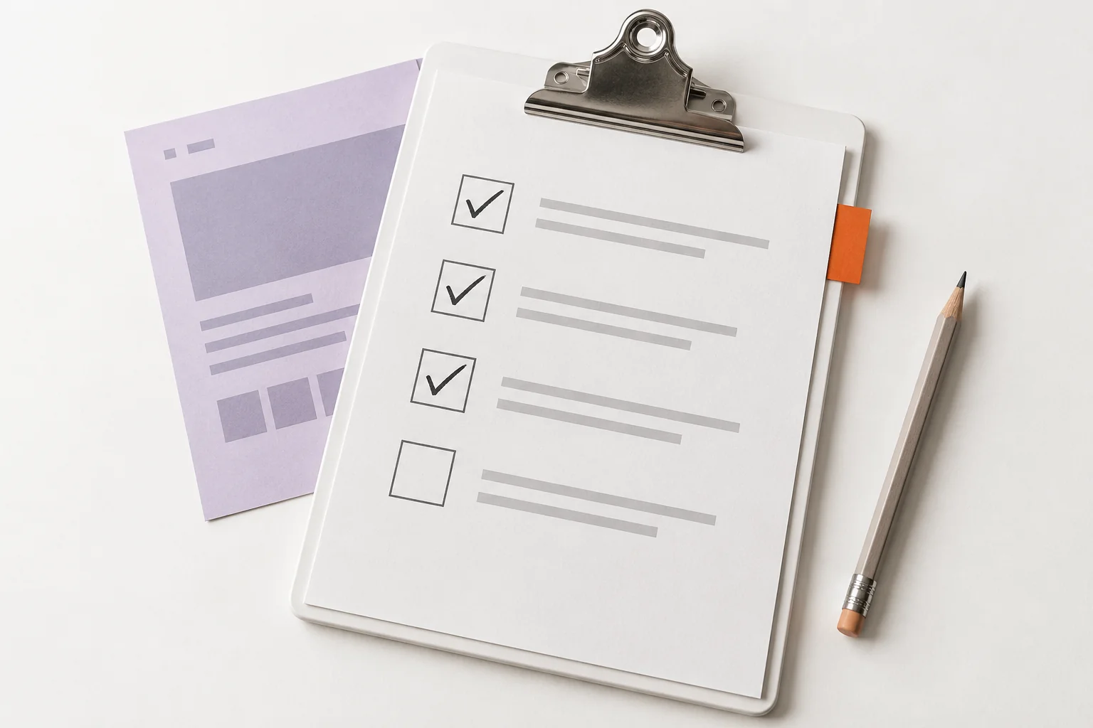 A website launch checklist on a clipboard beside a pencil and page layout