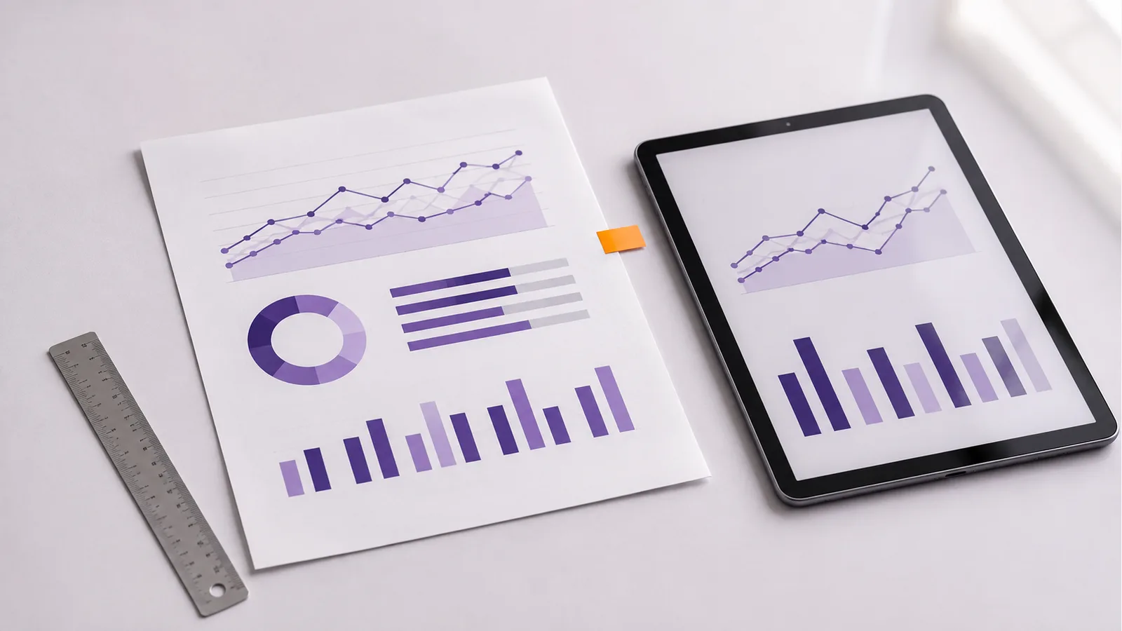 Search analytics charts and an annotated reporting worksheet