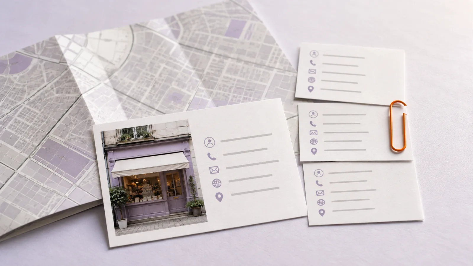 Business listing cards reconciled with a local street map