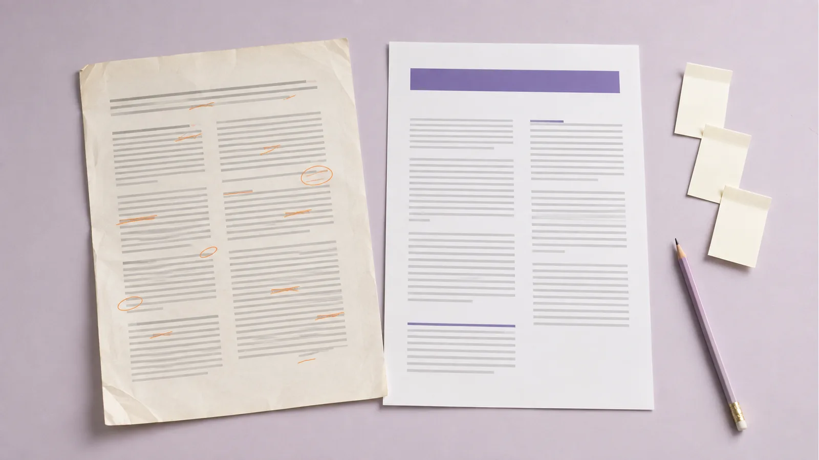 An annotated article draft beside its revised page layout