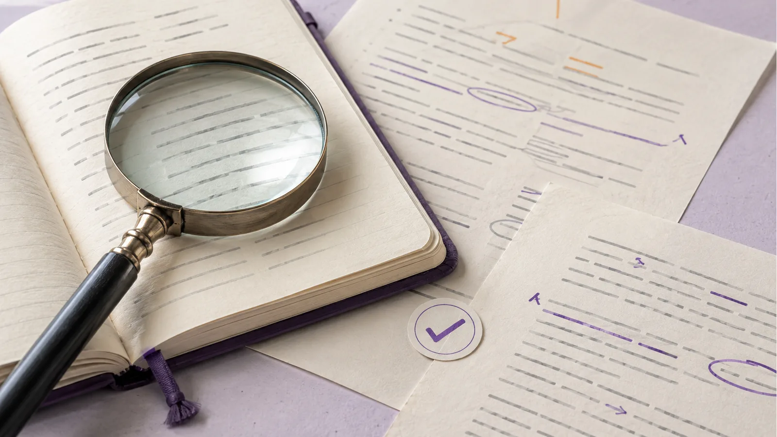 Source notes and article drafts being checked for accuracy