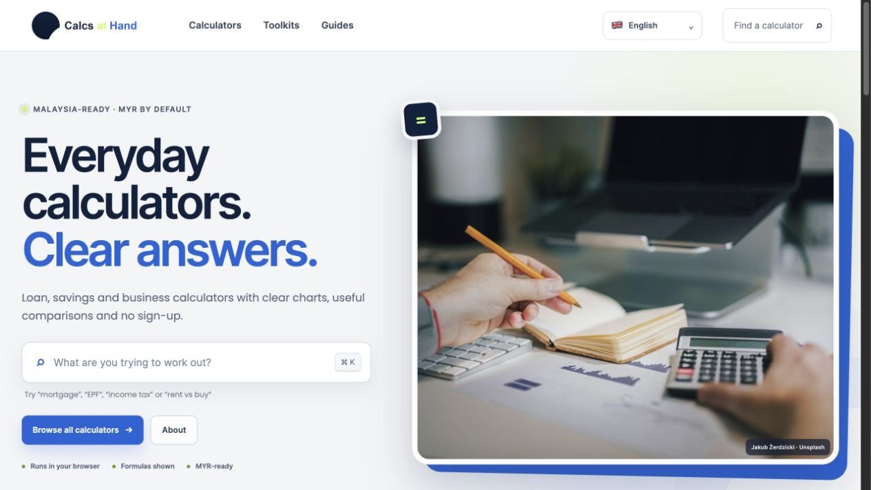 Calcs at Hand Malaysia-ready online calculator platform homepage
