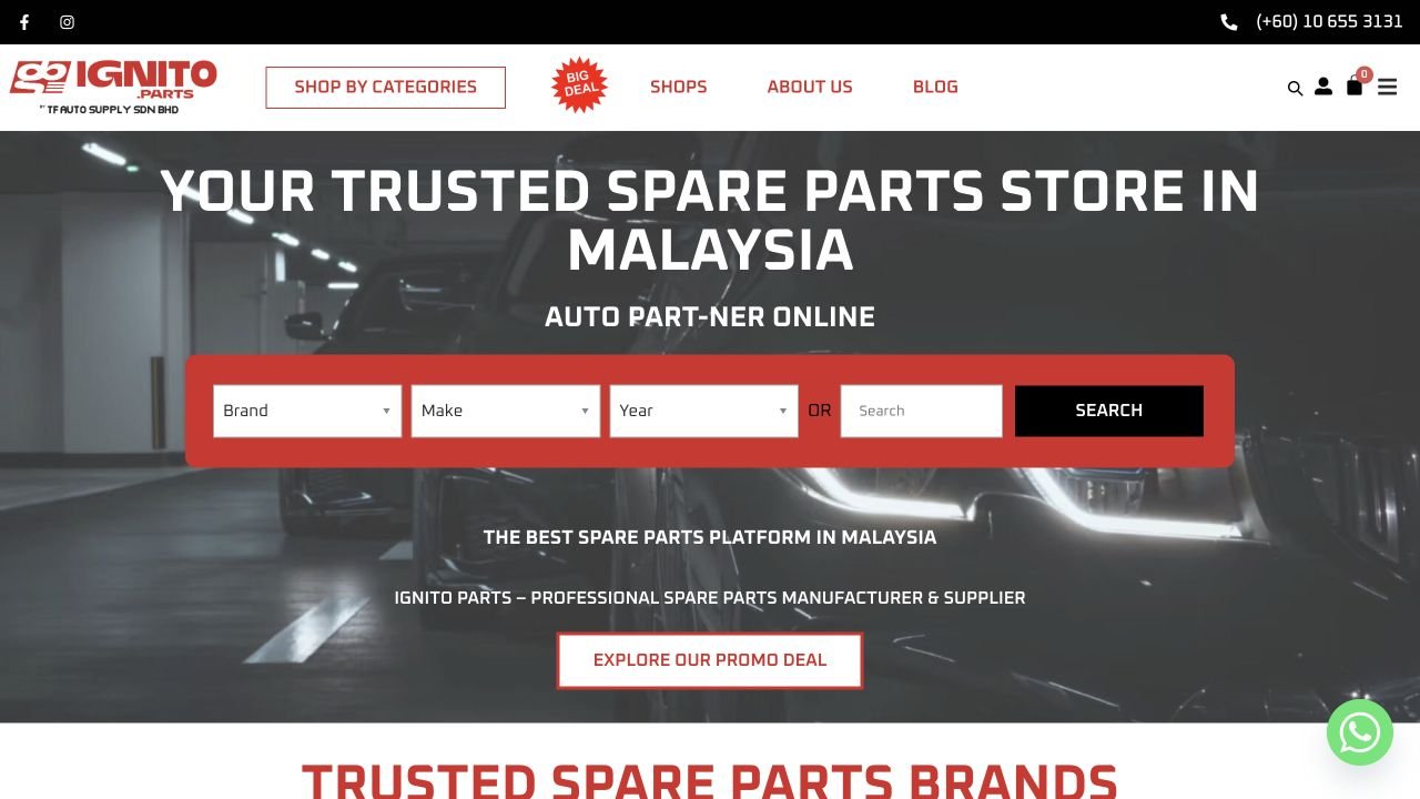 Ignito Parts Malaysian automotive spare parts ecommerce website homepage