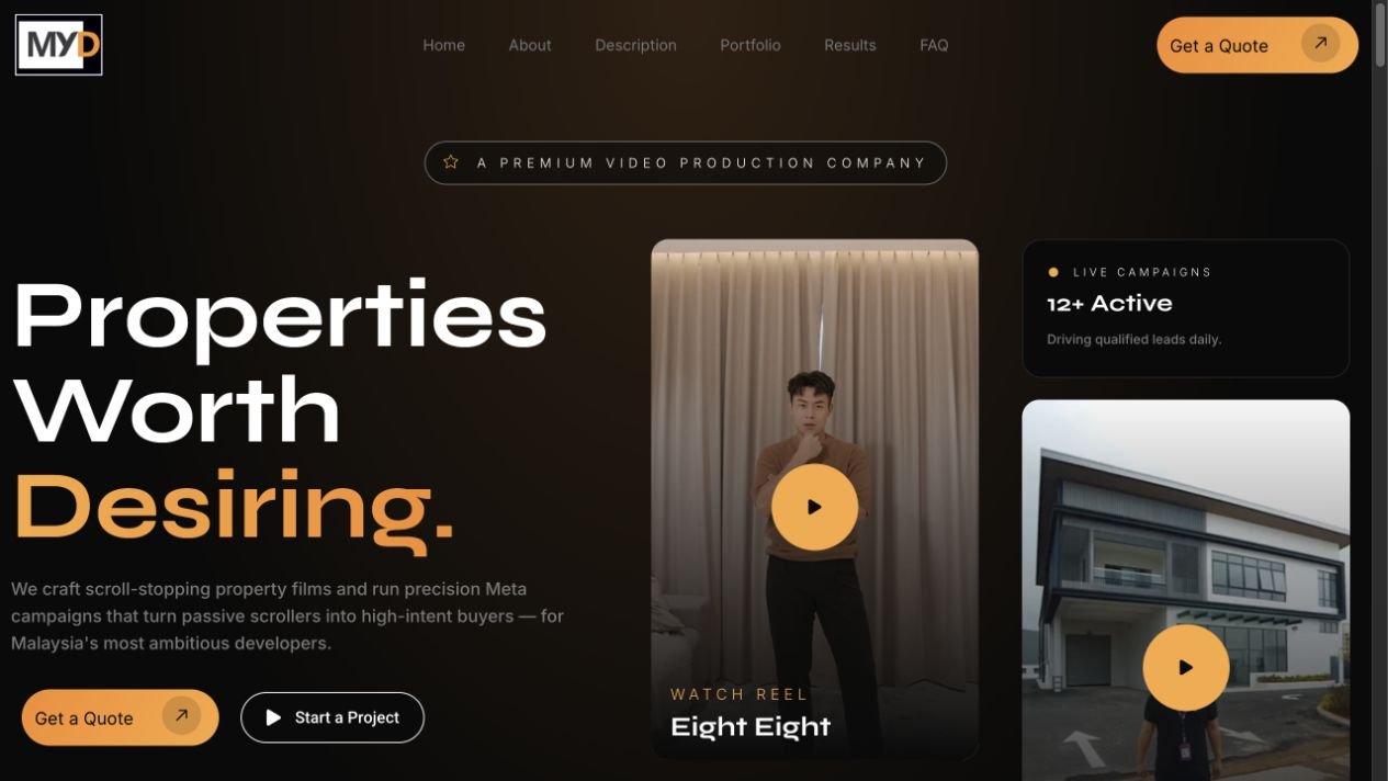 MYD Media Malaysia property video production and performance marketing website homepage