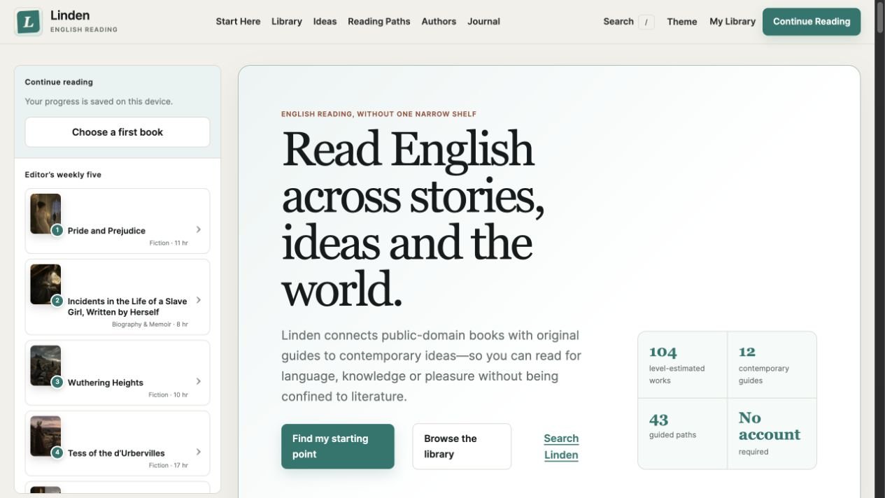 Linden English digital reading platform homepage