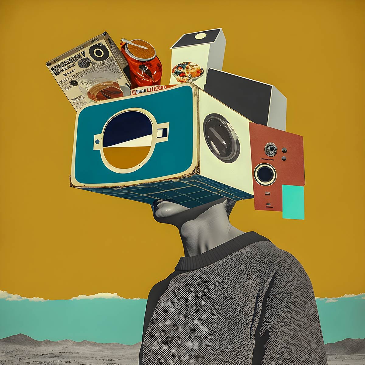 A collage of a person with charts and media objects