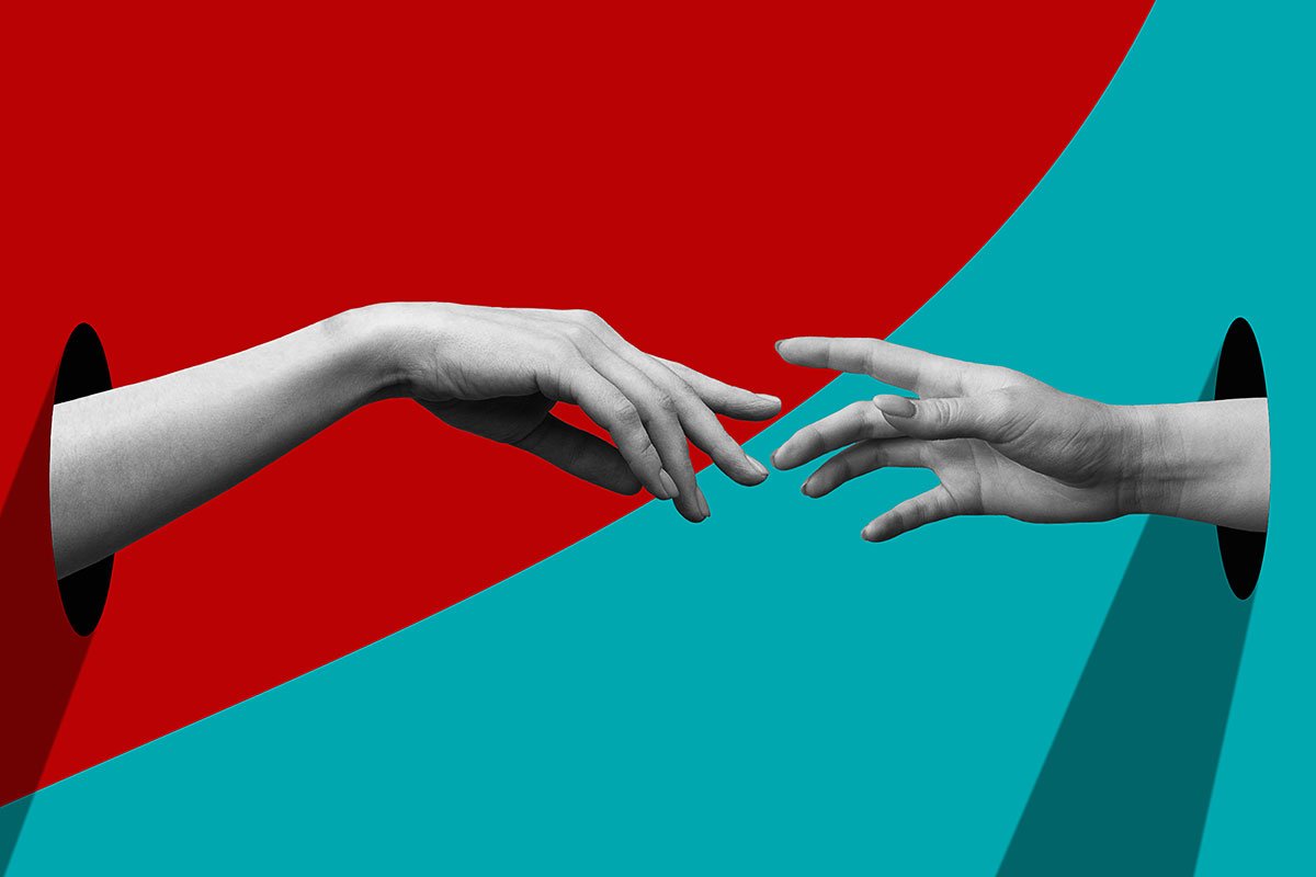 Two hands reaching toward each other across colored shapes