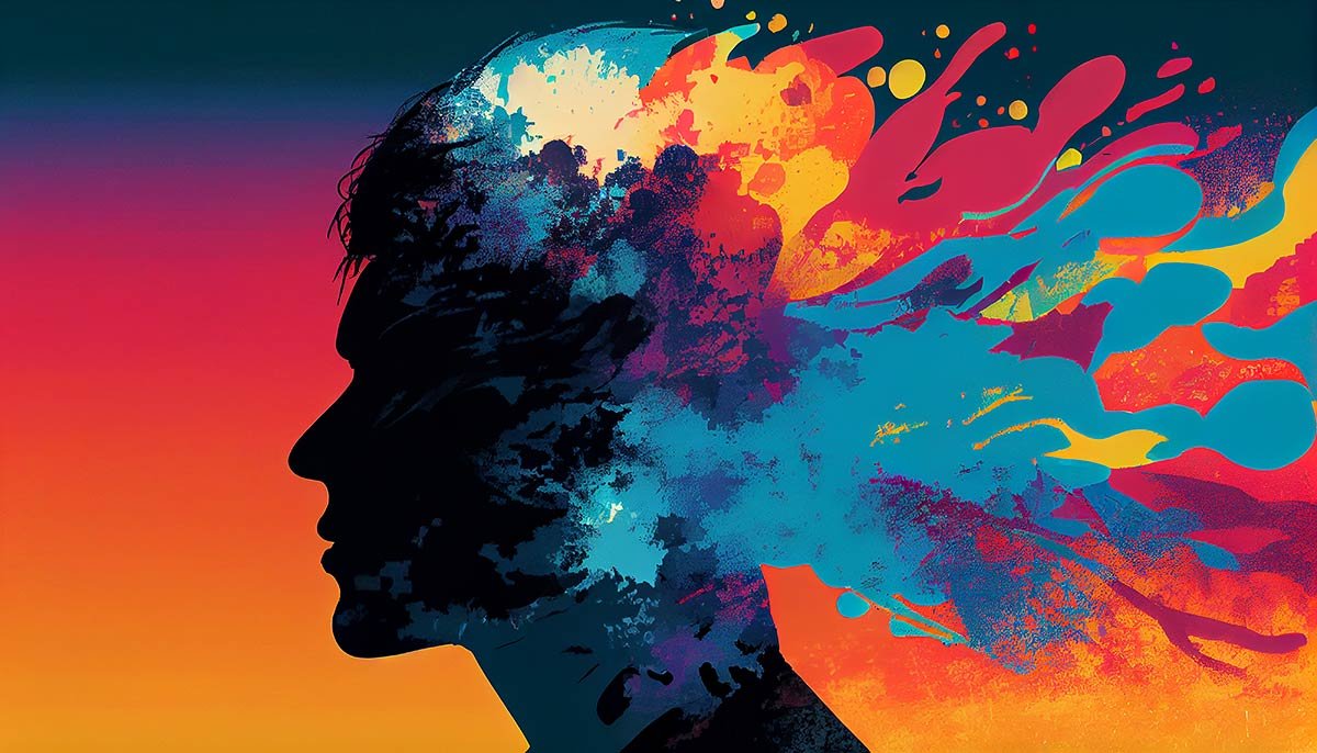 A human profile filled with abstract colors