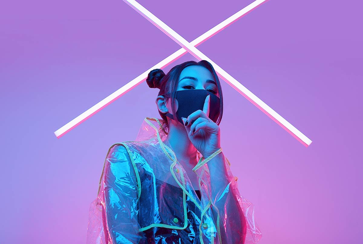 A futuristic portrait framed by neon lights