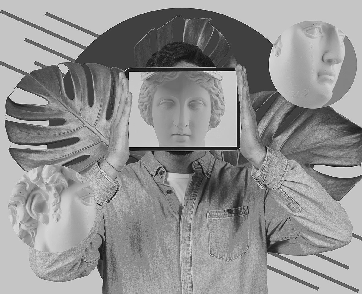 A grayscale portrait collage with a framing square
