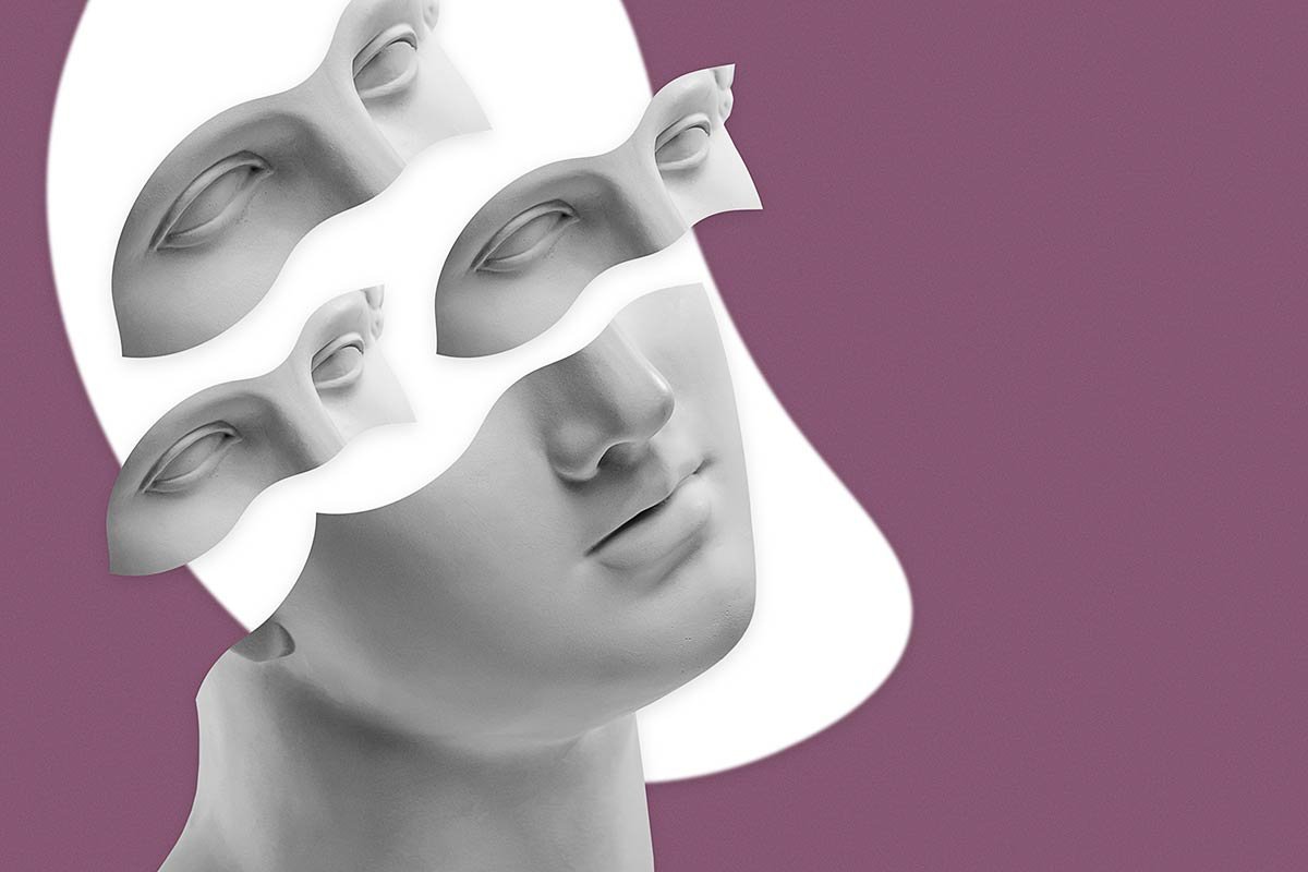 A sculptural face shown in three overlapping perspectives