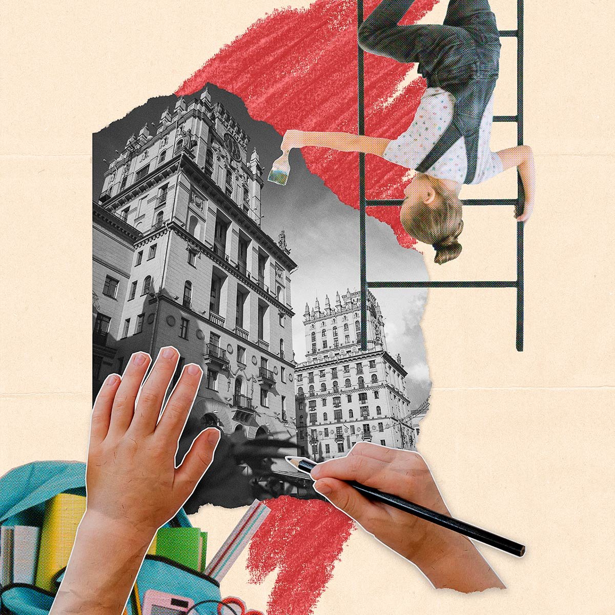 Hands sketching an architectural collage