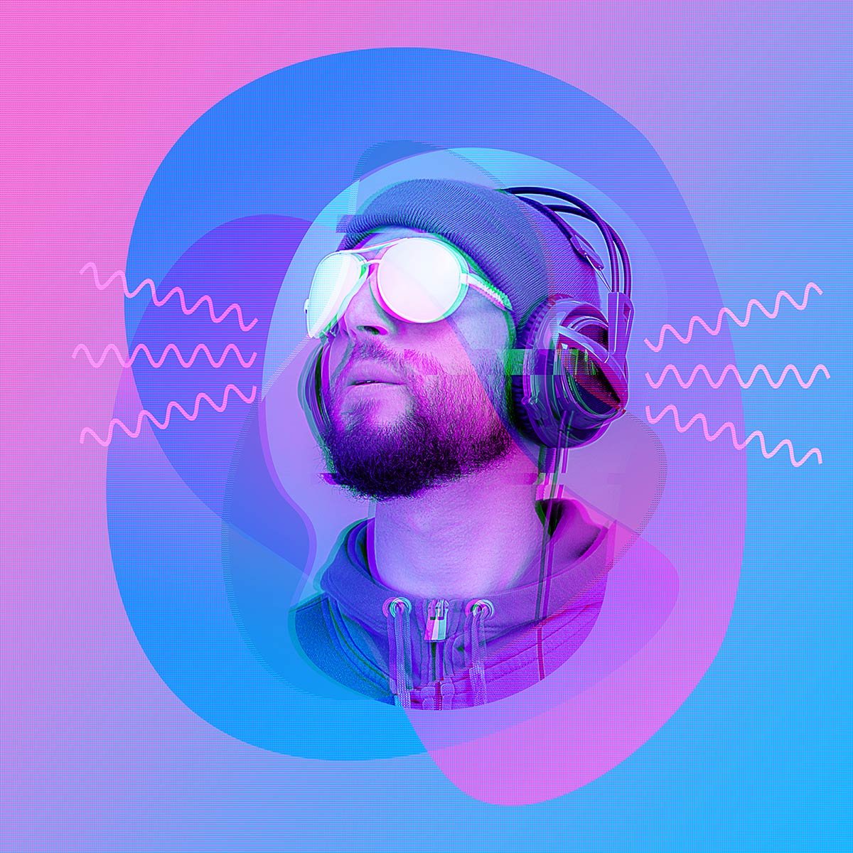 A neon-colored person wearing a virtual reality headset
