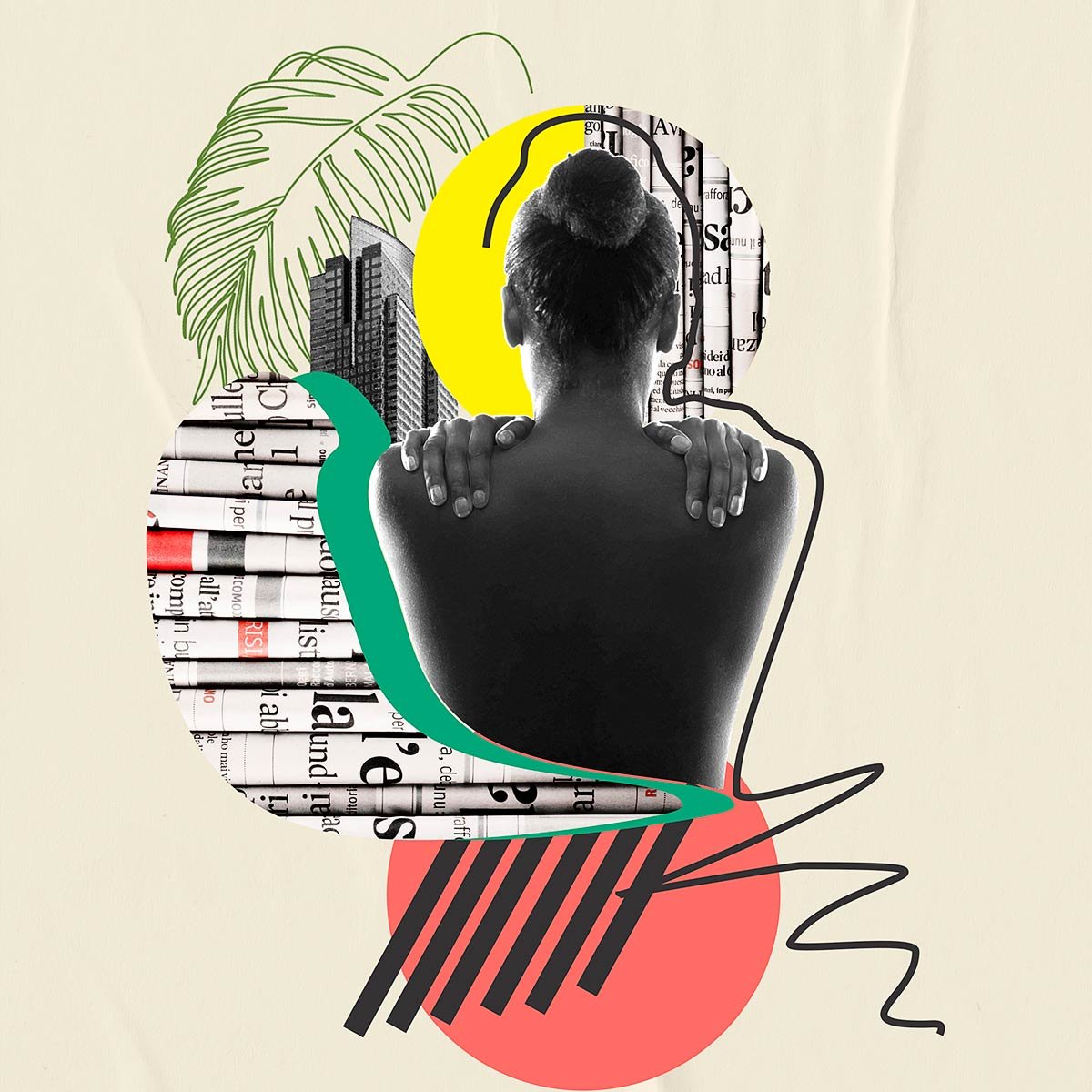 A person viewed from behind among abstract geometric shapes