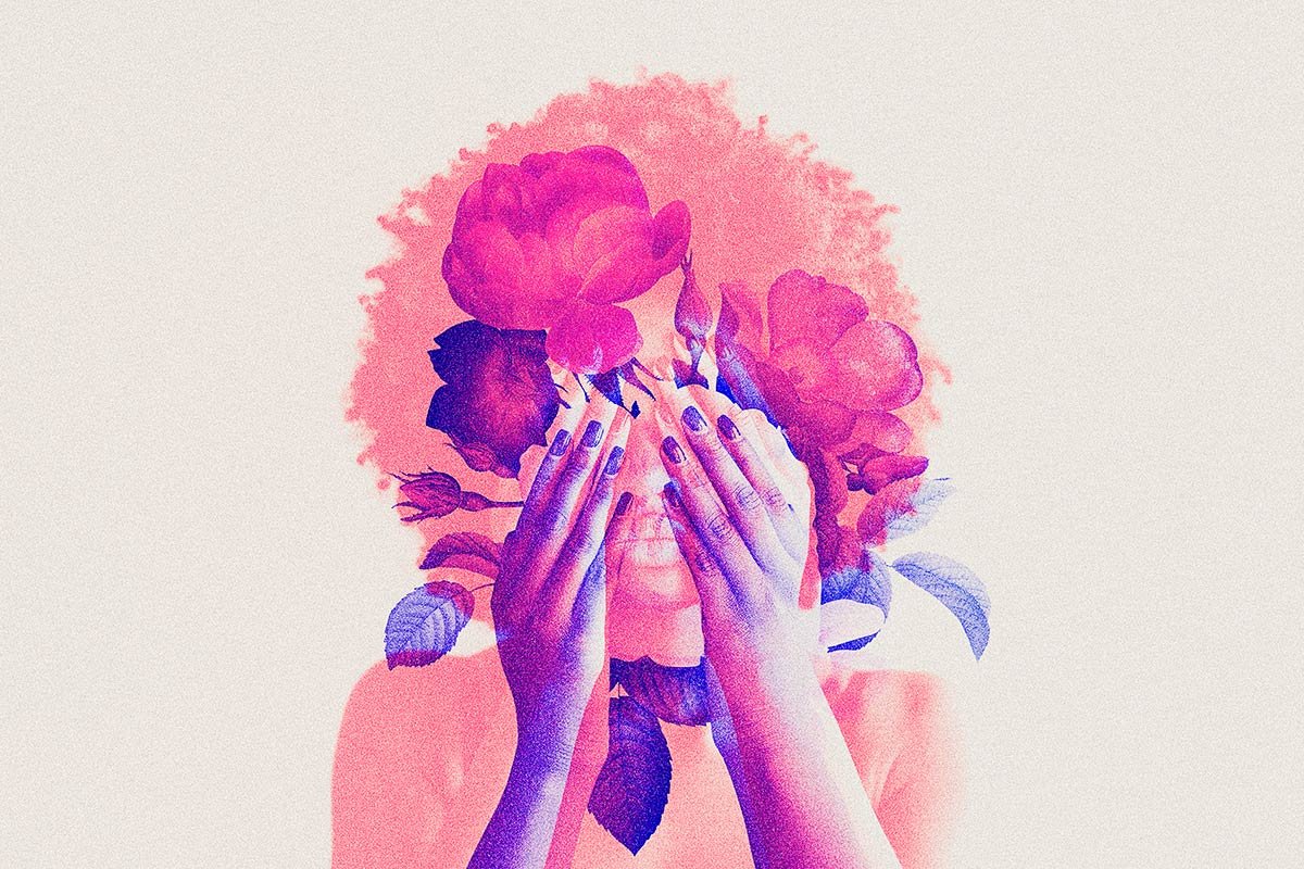 A portrait with sunglasses and bright floral textures