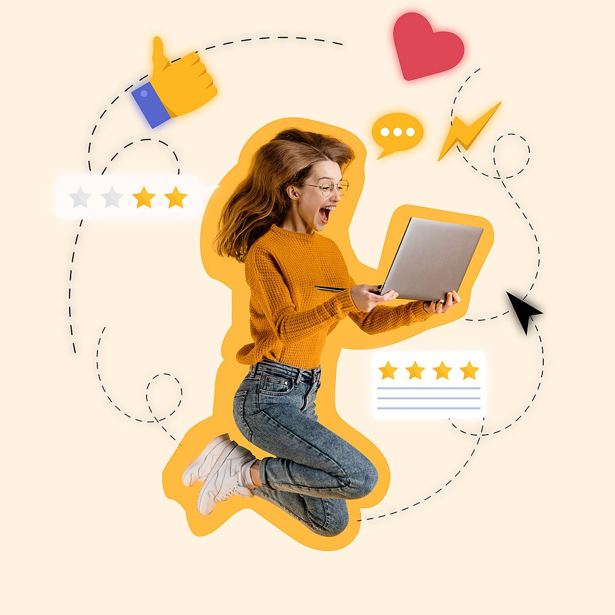 A woman with a laptop surrounded by marketing symbols