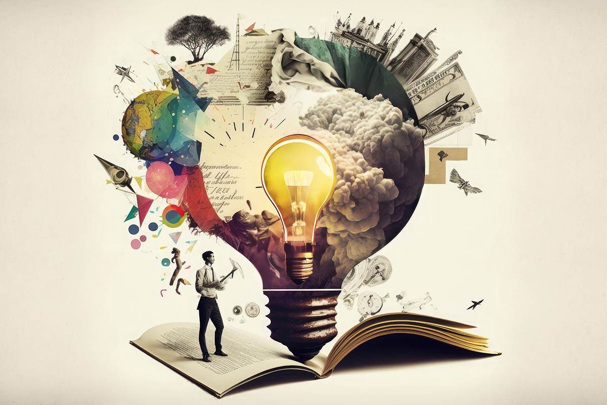 An open book with a light bulb and ideas emerging from its pages