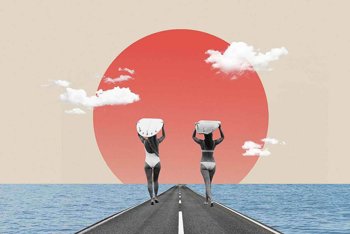 A road leading toward two hands holding virtual reality headsets